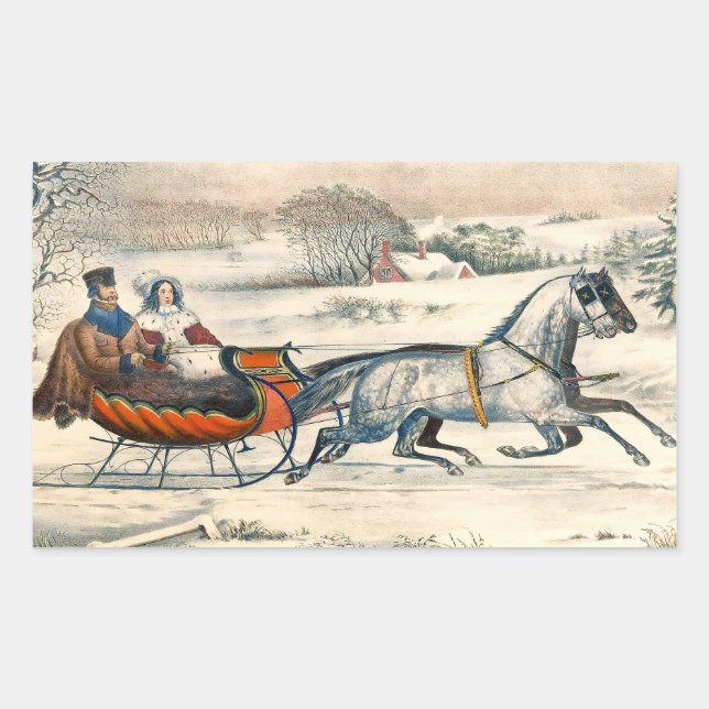 Pegatina Rectangular Classic 1853 Sleigh Ride Currier Ives Road Winter (Anverso)