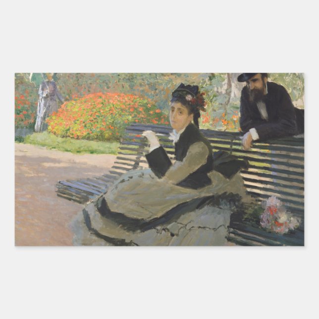Pegatina Rectangular Claude Monet - Camille Monet en un banco (Anverso)