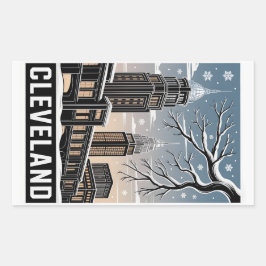 Pegatina Rectangular Cleveland Ohio Skyline Winter Woodcut Black&White