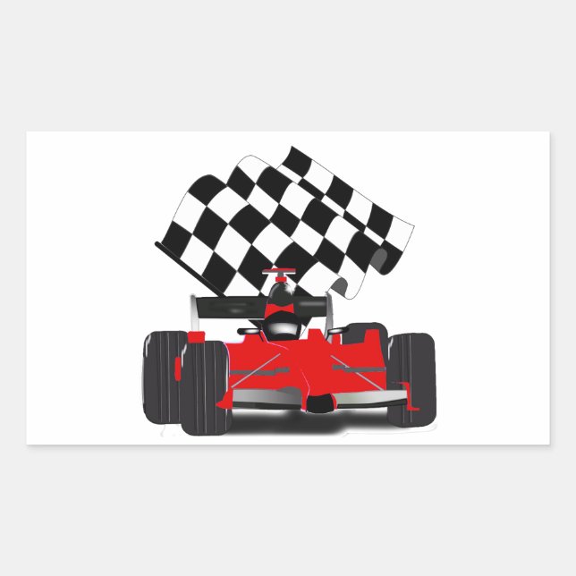 Pegatina Rectangular Coche de raza roja con bandera verificada (Anverso)