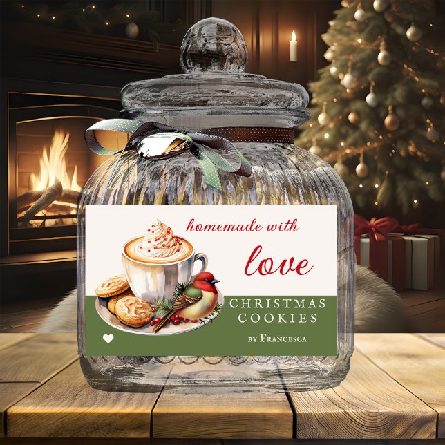 Pegatina Rectangular Cocinas acuarelas de Navidades de la dieta de aves (Festive Christmas cookies label featuring a watercolor cappuccino with cute bird and cookies)