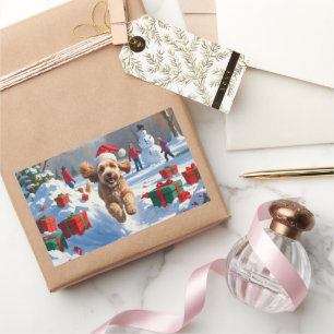 Pegatina Rectangular Cockapoo corriendo en la nieve con sombrero de Nav