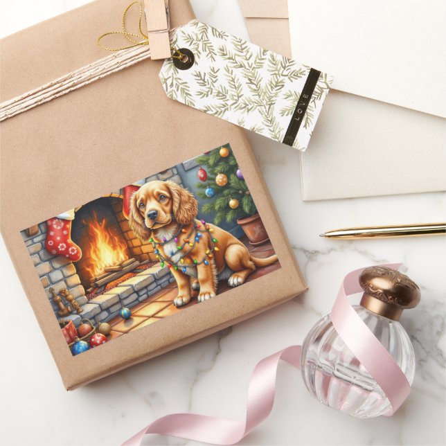 Pegatina Rectangular Cocker Spaniel by Fireplace with Christmas Lights (Regalar)