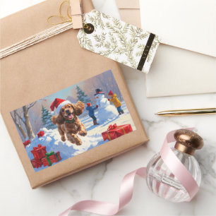 Pegatina Rectangular Cocker Spaniel corriendo en Nieve con Gorra Navida
