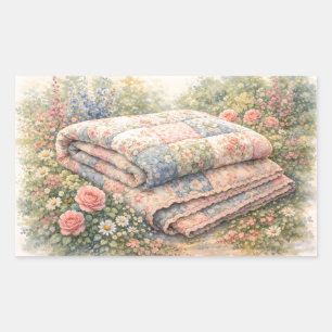 Pegatina Rectangular Colcha de patchwork floral Cottagecore acuarela
