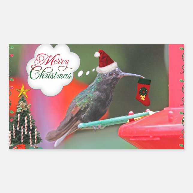 Pegatina Rectangular Colibrí de las Felices Navidad (Anverso)