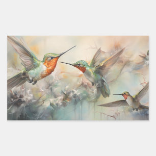 Pegatina Rectangular Colibríes acuarelas en vuelo