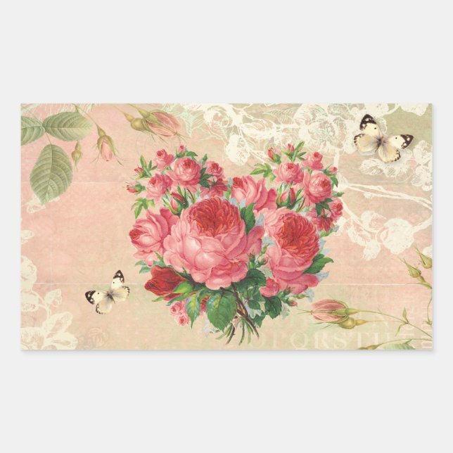 Pegatina Rectangular Collage cardíaco Rosa Girly Vintage (Anverso)