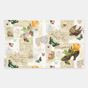 Pegatina Rectangular Collage De Moda Girly Vintage Ephemera Con Nombre