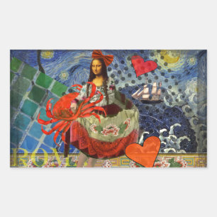 Pegatina Rectangular Collage Noche Estrellada de Mona Lisa: Surrealista