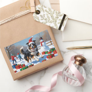 Pegatina Rectangular Collie rudo en nieve con Gorra Navidad