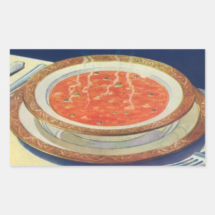 Pegatina Rectangular Comida antigua, tazón caliente de sopa de tomate c