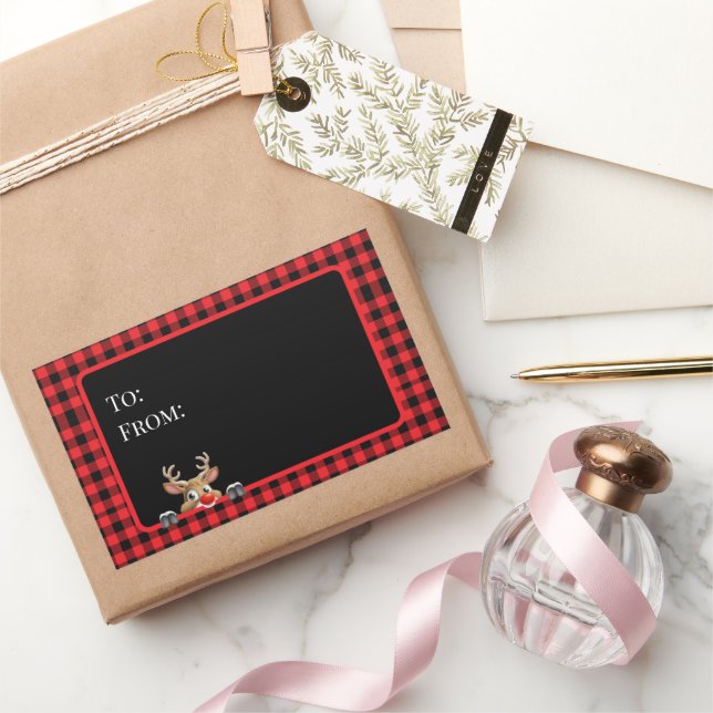 Pegatina Rectangular Comprobación de búfalo negro rojo con renos (Regalar)