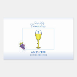 Pegatina Rectangular Comunión del niño primero, cáliz con huésped y uva