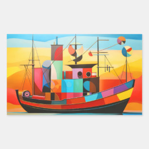 Pegatina Rectangular Concepto De Barco Pesquero Resumen Colorido Paisaj