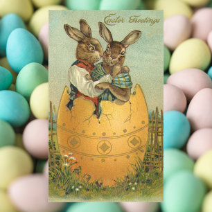 Pegatina Rectangular Conejitos de Pascua Victorianos Vintage en un huev