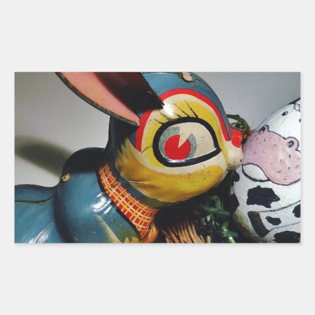 Pegatina Rectangular Conejo de juguetes y huevo de vaca (Anverso)