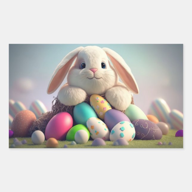 Pegatina Rectangular Conejo de Pascua con huevos de Pascua (Anverso)