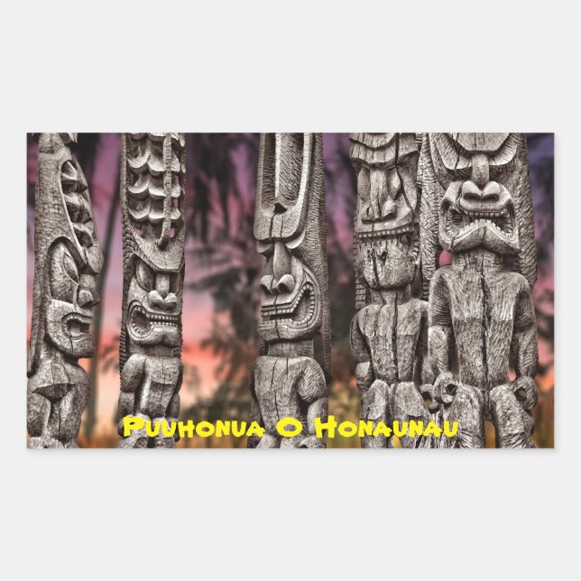 Pegatina Rectangular Consejo Tribal Tiki, Gran Isla Hawaii, (Anverso)