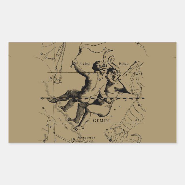 Pegatina Rectangular Constelación de Gemini Zodiac Hevelius 1690 (Anverso)
