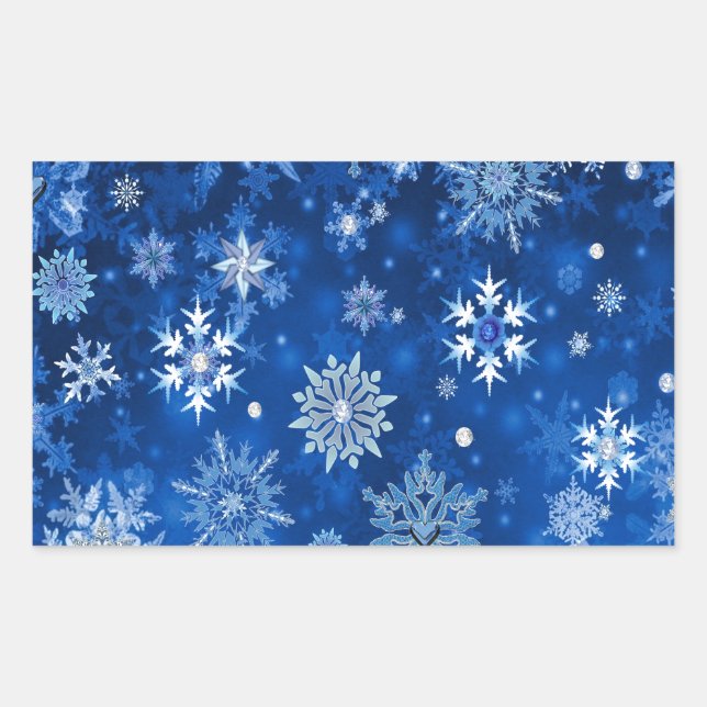 Pegatina Rectangular Copo de Nieve de Navidad Azul y Plateado (Anverso)