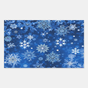 Pegatina Rectangular Copo de Nieve de Navidad Azul y Plateado