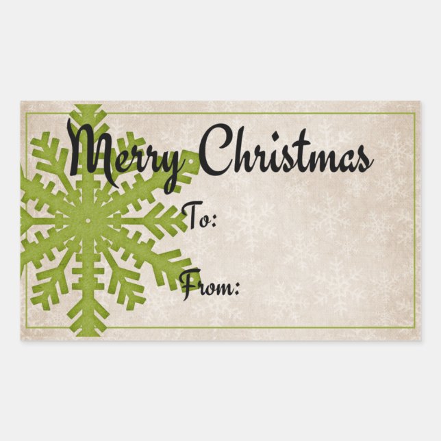 Pegatina Rectangular Copo de nieve verde | Feliz regalo de Navidad (Anverso)