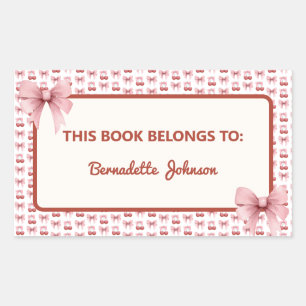 Pegatina Rectangular Coquette Pink Bow Back to School Bookplate