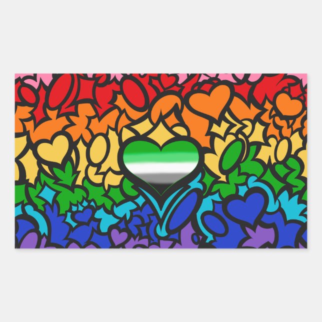 Pegatina Rectangular Corazón Aro de 8 Franjas Arcoíris Orgullo Garabato (Anverso)
