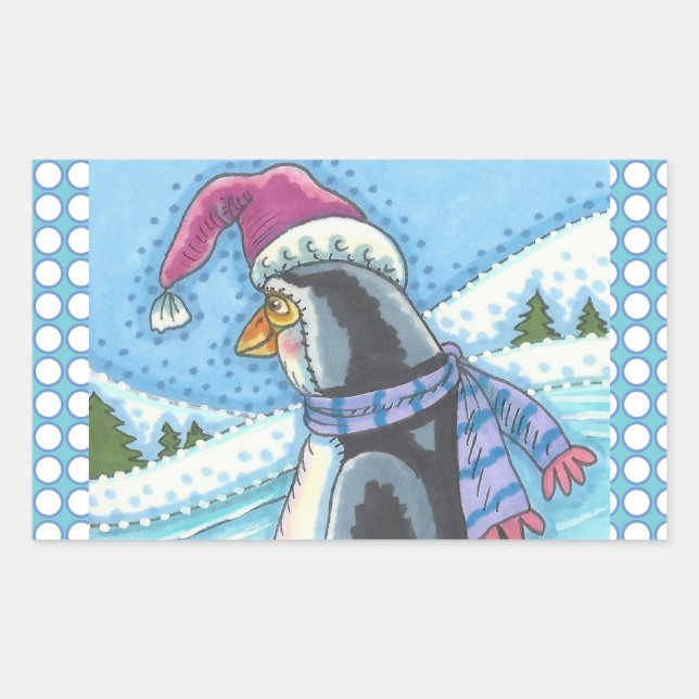 PEGATINA RECTANGULAR CORAZÓN CÁLIDO Y FRÍO DE FONDO, PINGUINA DE NAVIDA (Anverso)