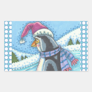 PEGATINA RECTANGULAR CORAZÓN CÁLIDO Y FRÍO DE FONDO, PINGUINA DE NAVIDA