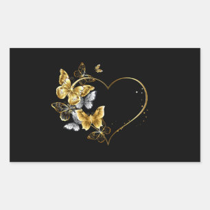 Pegatina Rectangular Corazón con mariposas doradas