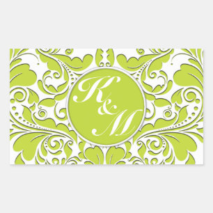 Pegatina Rectangular Corazón de Damasco Blanco y Verde De HeartyParty L
