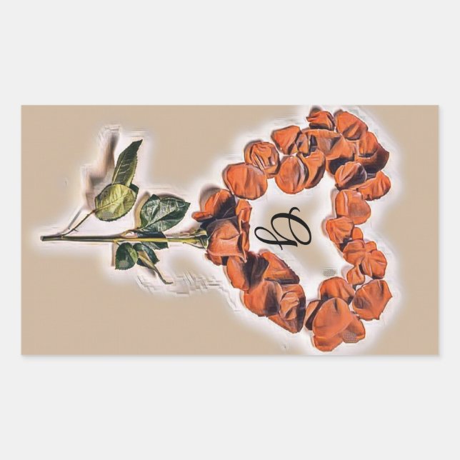 Pegatina Rectangular Corazón de flor de rosa naranja caprichosa Monogra (Anverso)