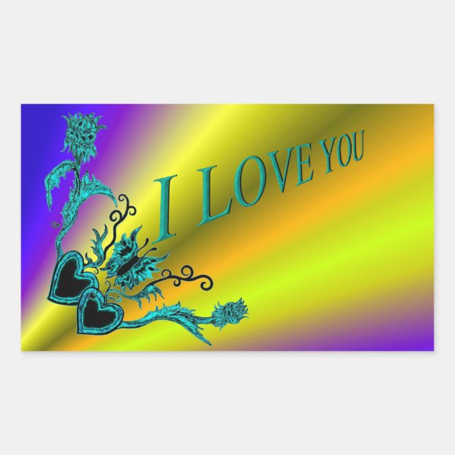 Pegatina Rectangular Corazón de flores y mariposa - Te amo (Anverso)