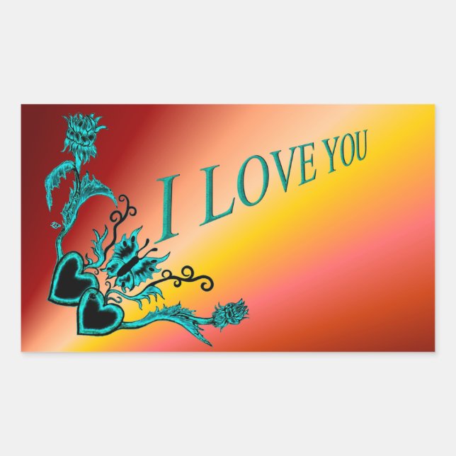 Pegatina Rectangular Corazón de flores y mariposa - Te amo (Anverso)
