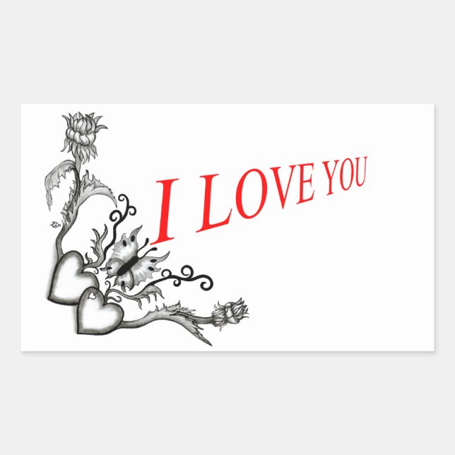 Pegatina Rectangular Corazón de flores y mariposa - Te amo (Anverso)