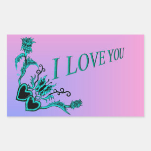 Pegatina Rectangular Corazón de flores y mariposa - Te amo