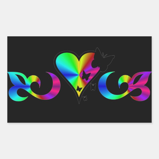 Pegatina Rectangular Corazón de Lirio Arcoiris y Mariposa (Anverso)