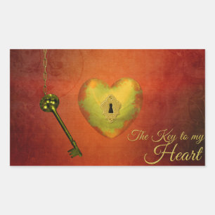 Pegatina Rectangular Corazón dorado con llave