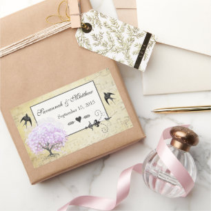 Pegatina Rectangular Corazón Hoja Lila Árbol Bodas Vintage Pájaro