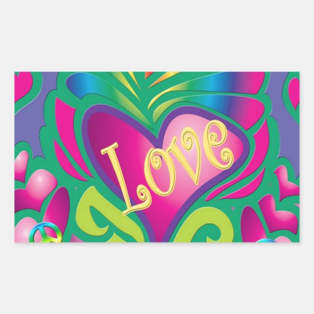 Pegatina Rectangular Corazón Psicodélico Floral (Anverso)