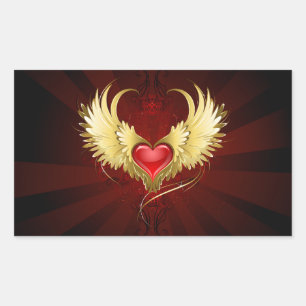 Pegatina Rectangular Corazón Rojo con Alas Doradas