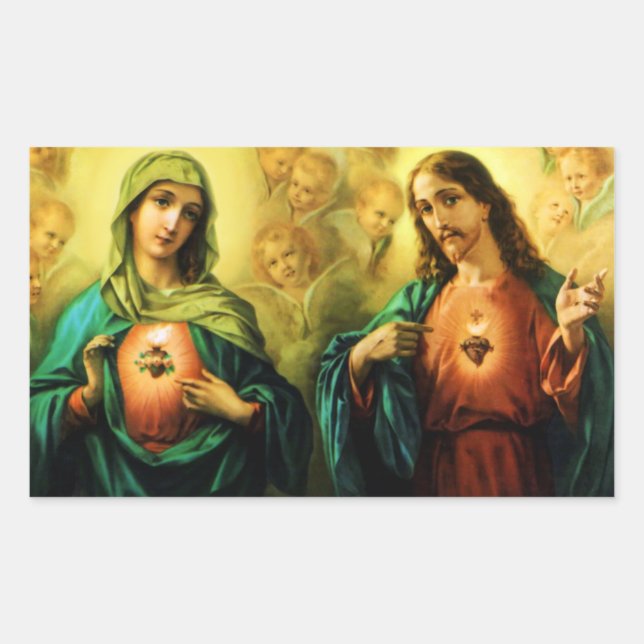 Pegatina Rectangular Corazón sagrado Jesús y corazón inmaculado María P (Anverso)