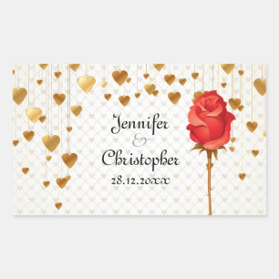 Pegatina Rectangular Corazones de amor dorados y Boda Rosa