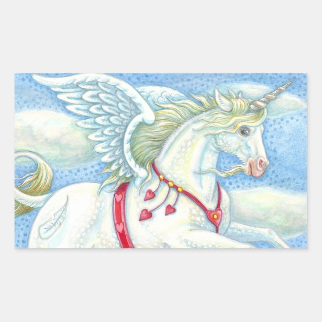 PEGATINA RECTANGULAR CORAZONES DE VUELO UNICORN BLANCO, FANTASY PEGASUS (Anverso)