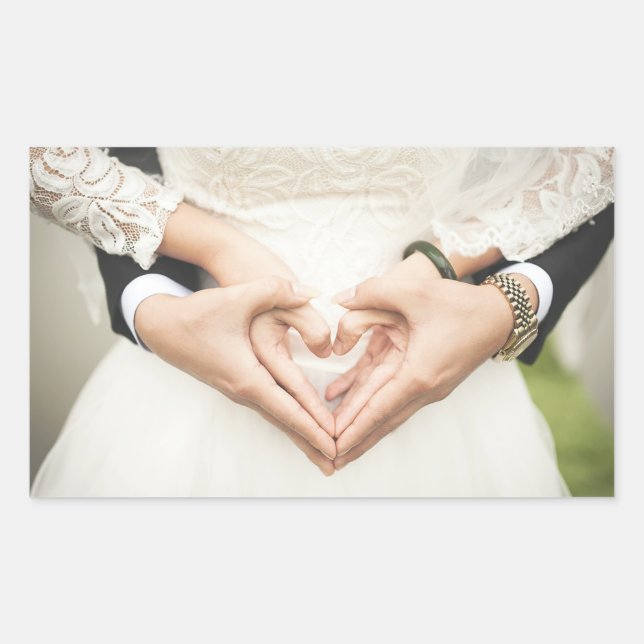 Pegatina Rectangular Corazones en nuestras manos Boda (Anverso)