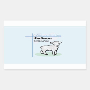 Pegatina Rectangular Cordero Niño Azul Bautizo, Personalizable