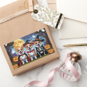 Pegatina Rectangular Corgi Dogs Calabaza Halloween Funny