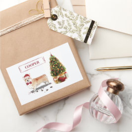 Pegatina Rectangular Corgi Navidades graciosos perro con árbol